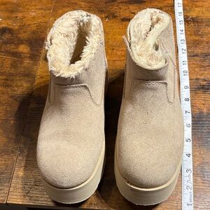 Time and Tru Light Beige Faux Suede Fur-Trim Platform Ankle Boots